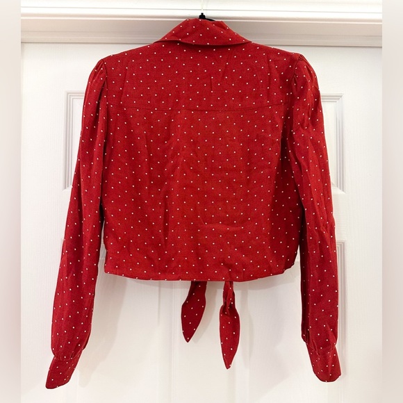 Reformation Dottie Red Polka Dot Tie Front Long Sleeve Cropped Blouse Crimson XS - Picture 8 of 10